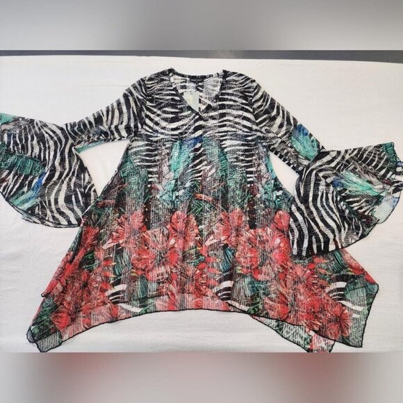 Dor Dor Couture Women's Floral & Zebra Print Sheer Cover-Up Summer Top, sz SM - Picture 4 of 8